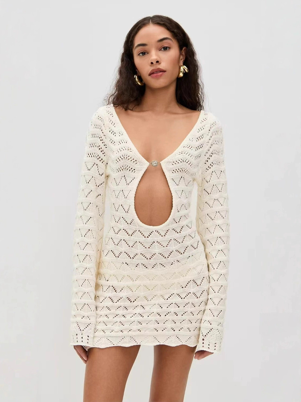 Zara Knit Long Sleeve Cutout Neck Bodycon Mini Beach Dress Bikini Cover Up
